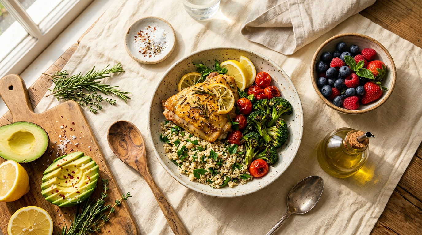 An overhead spread of healthy, colorful recipes — grilled chicken with quinoa and broccoli, fresh berries, sliced avocado, and herbs on a warm linen surface.