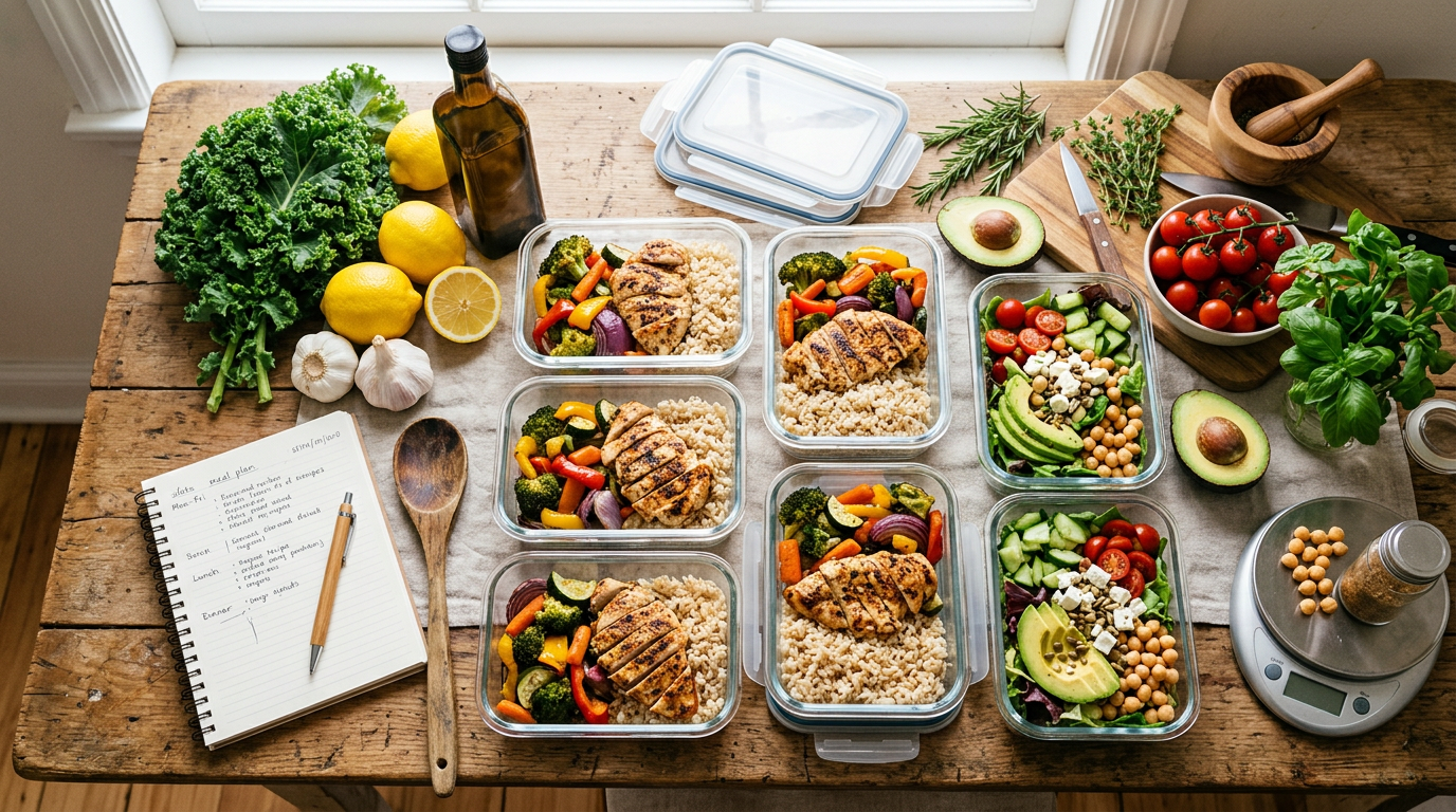 A meal prep flat-lay: glass containers of grilled chicken, brown rice, roasted vegetables, and salads, with fresh produce and a handwritten meal plan.