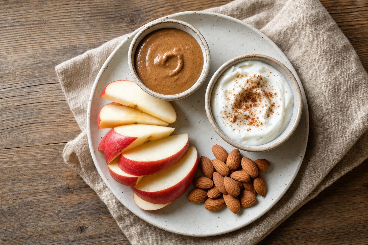Sliced apple with almond butter, almonds, and protein on a plate.