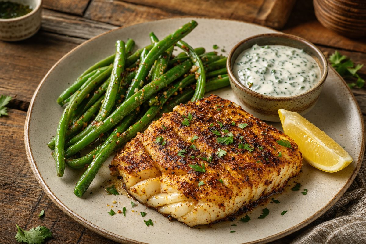 Cajun cod fillet with green beans and a lemon wedge.