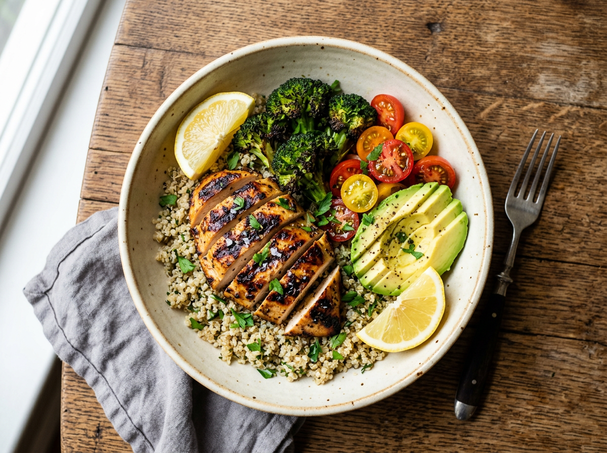 Lemon herb chicken bowl with quinoa, charred broccoli, avocado, and lemon wedges.
