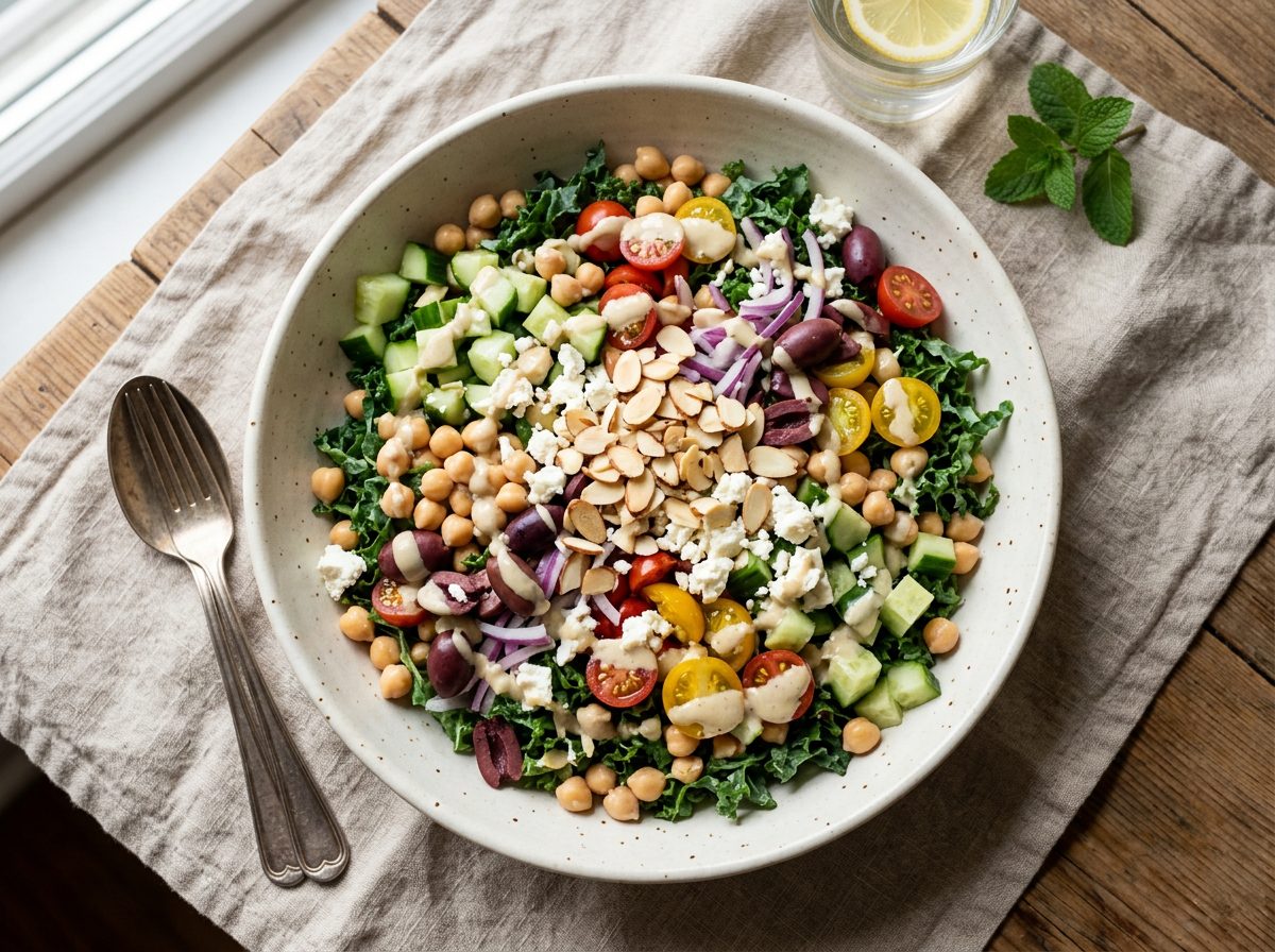Chickpea power salad with kale, feta, tomatoes, olives, and tahini dressing.