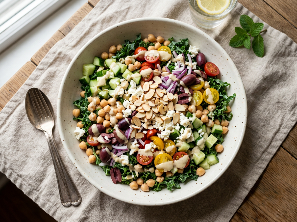 Chickpea power salad with kale, feta, tomatoes, olives, and tahini dressing.