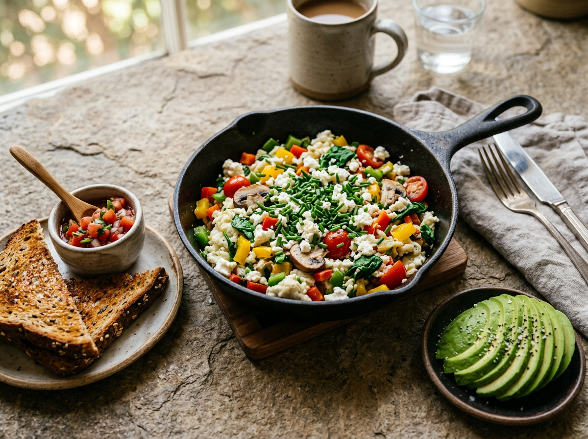 Cast iron skillet with fluffy egg whites, peppers, mushrooms, spinach, and feta.
