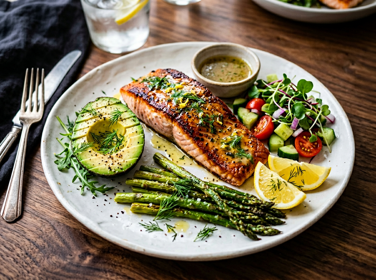 Seared salmon fillet with asparagus, avocado, and a side salad.