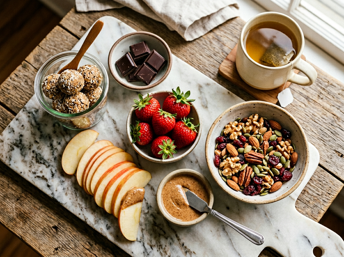Healthy snack spread with energy balls, dark chocolate, fruit, and trail mix.