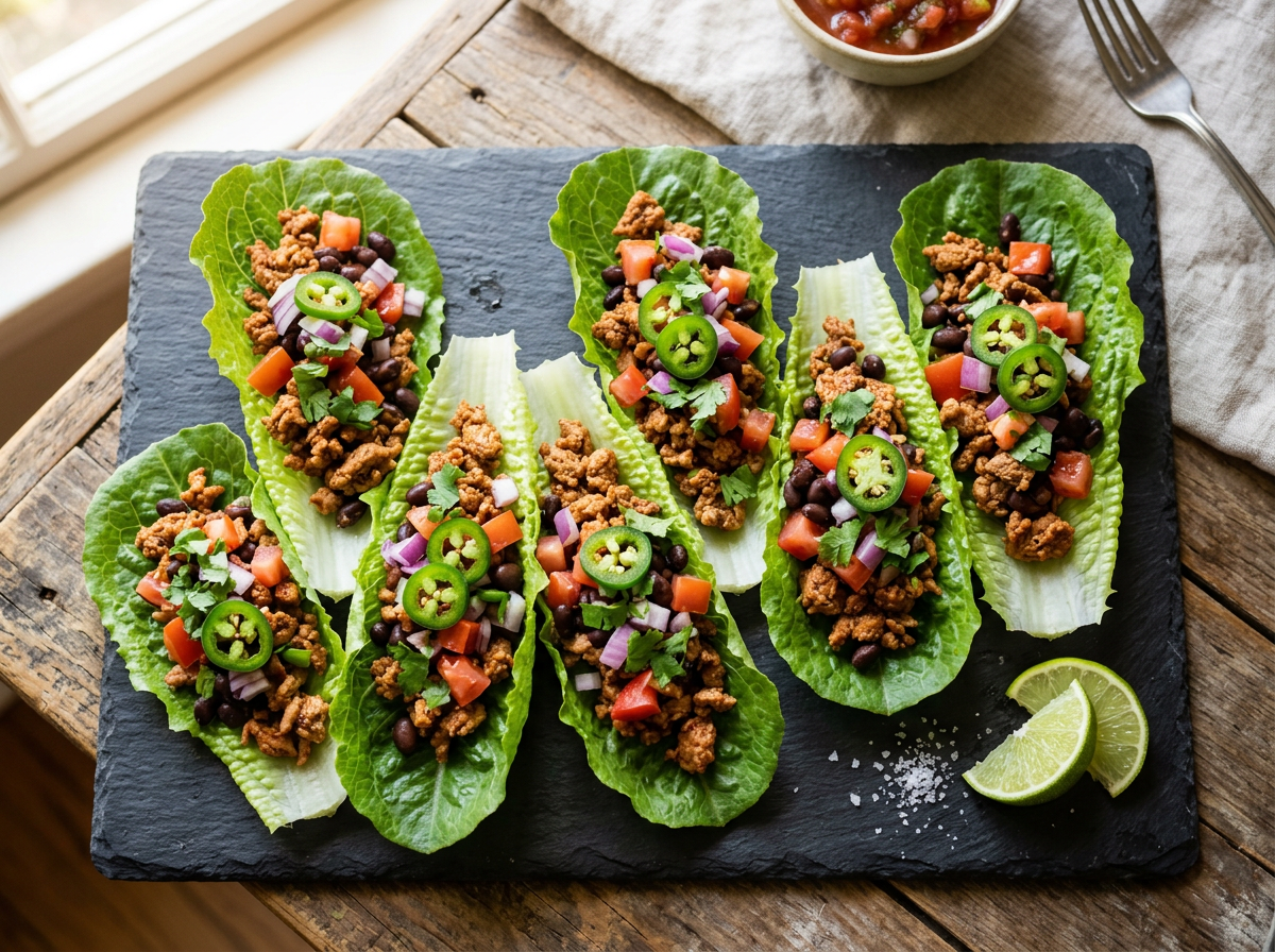 Crisp lettuce cups filled with seasoned ground turkey, tomatoes, beans, and cilantro.