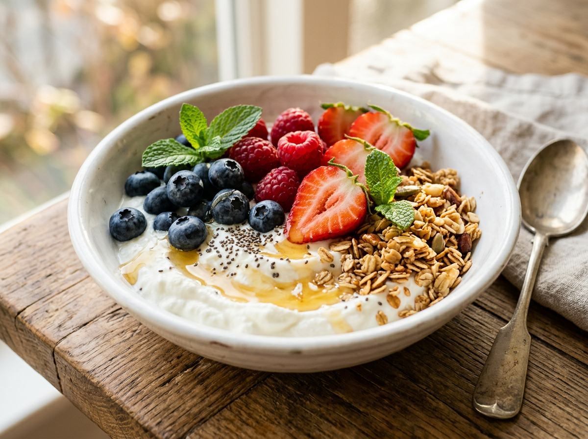 Greek yogurt bowl topped with berries, granola, honey, and chia seeds.